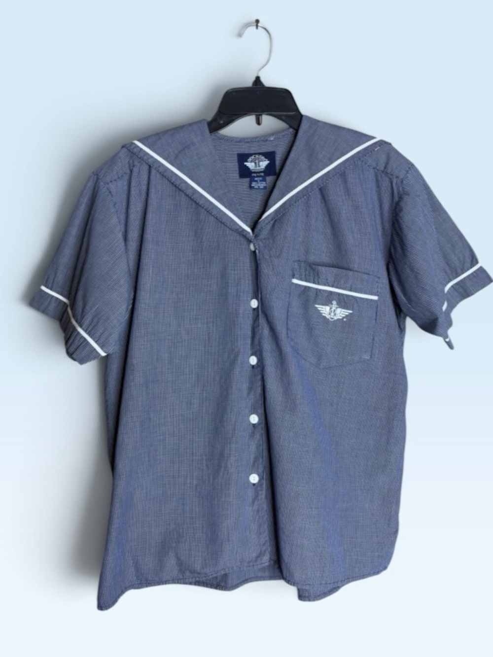 Vintage Dockers Levi's Petite S Sailor Collar Nautical Shirt Navy White